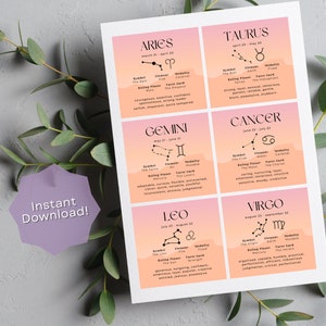 May include: A printable set of 8 zodiac signs with their corresponding symbols, dates, elements, ruling planets, and tarot cards. Each sign is displayed on a pink and orange gradient background with a black constellation illustration.