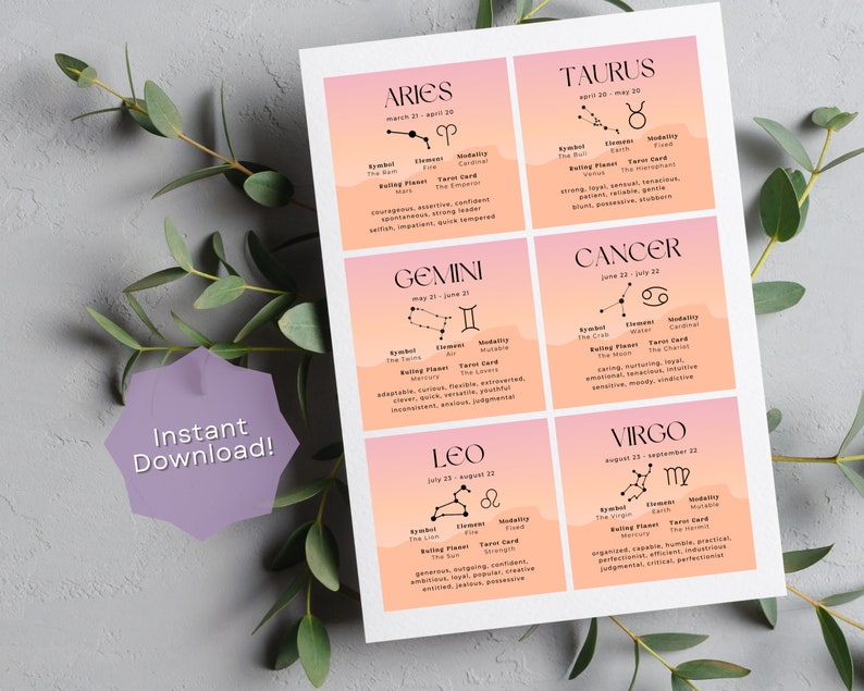 May include: A printable set of 8 zodiac signs with their corresponding symbols, dates, elements, ruling planets, and tarot cards. Each sign is displayed on a pink and orange gradient background with a black constellation illustration.