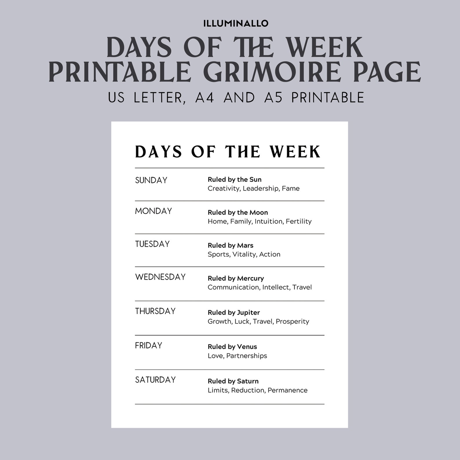 Days of the Week Meanings Printable Grimoire Pages Etsy Canada