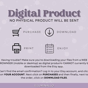 May include: A purple and white graphic with the text "Digital Product" and "NO PHYSICAL PRODUCT WILL BE SENT".  The graphic also includes four icons: a shopping cart, a downward arrow, a printer, and a checklist.  The text below the icons explains how to download digital products from Etsy.