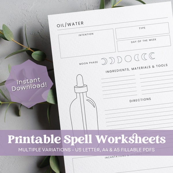 Printable Spell Worksheets, Spell Jar Template, Candle Spell, Printable Witch Worksheet, Printable Grimoire Page, Printable Spell Worksheet