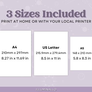 May include: Three printable paper sizes are shown: A4 (8.27 x 11.69 inches), US Letter (8.5 x 11 inches), and A5 (5.8 x 8.3 inches). The text "3 Sizes Included" and "Print at home or with your local printer" is displayed above the paper sizes.
