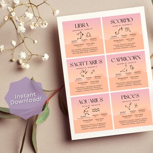 May include: A printable set of 12 zodiac signs with their corresponding symbols, dates, elements, modalities, ruling planets, and tarot cards. The signs are displayed on a peach and pink gradient background.