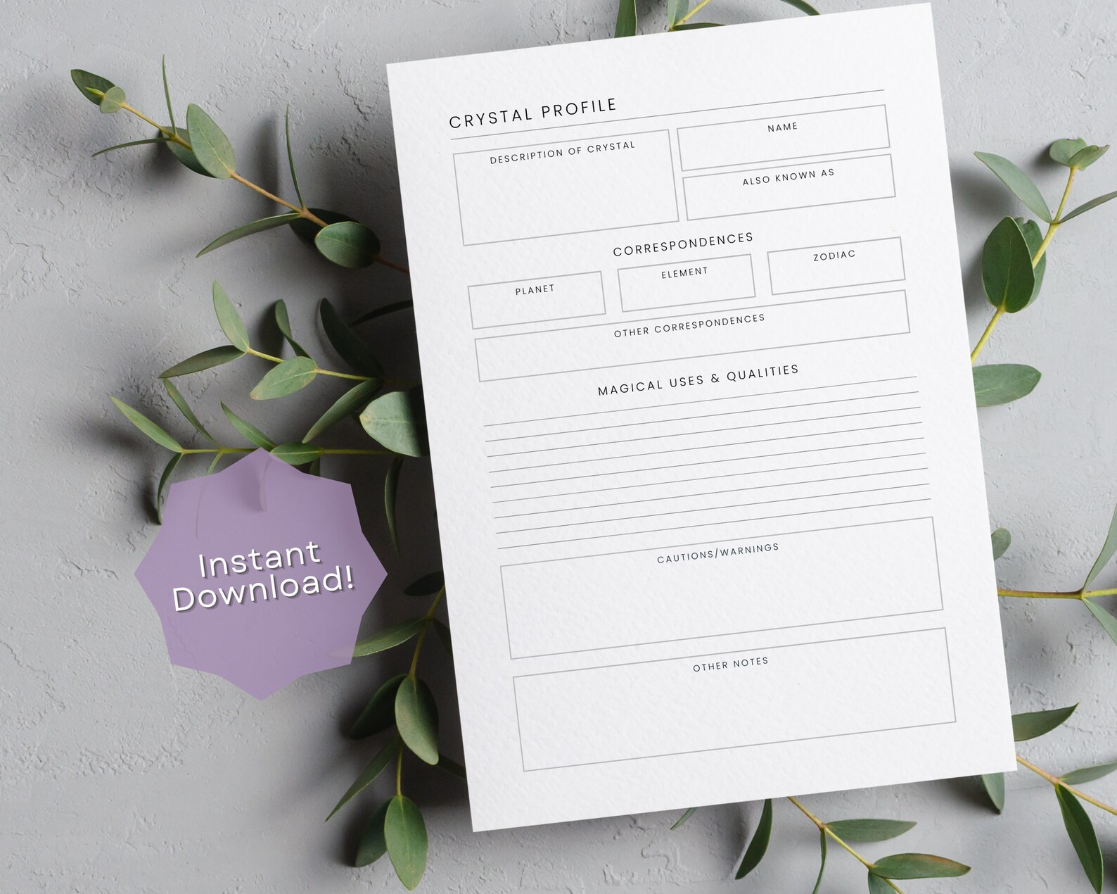 Printable Crystal Profile Worksheets, Printable Grimoire Pages ...