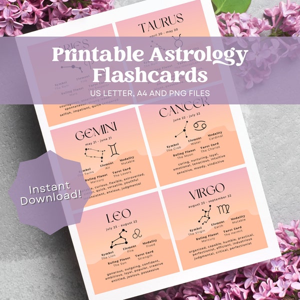 Astrology Flashcards, Printable Astrology Flashcards, Zodiac Flashcard, Learn Astrology, Astrological Sign, Astrology Printable, Zodiac Sign