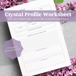 Printable Crystal Profile Worksheets, Printable Grimoire Pages, Printable Witchcraft Pages, Grimoire Pages PDF, Digital Witch Worksheets