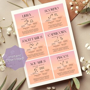 May include: A printable set of zodiac signs with their corresponding symbols, dates, elements, ruling planets, and tarot cards. Each sign is displayed on a separate card with a pink and orange gradient background.