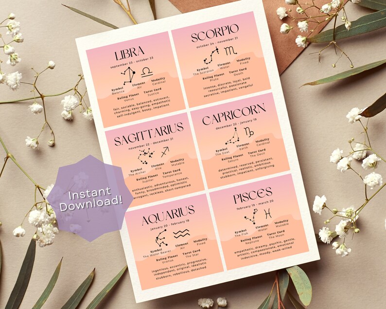 May include: A printable set of zodiac signs with their corresponding symbols, dates, elements, ruling planets, and tarot cards. Each sign is displayed on a separate card with a pink and orange gradient background.