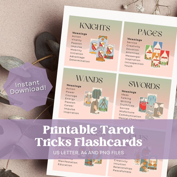 Tarot Flashcards, Tarot Cheat Sheet Printable, Learning Tarot Cards, Tarot Tricks and Tips, Printable Tarot Flash Cards, Beginner Tarot