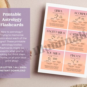 May include: Printable astrology flashcards with a pink and orange gradient background. Each card features a zodiac sign, symbol, ruling planet, element, modality, and tarot card. The text includes "Printable Astrology Flashcards", "New to astrology? Trying to memorize basics about each of the signs? These printable astrology/zodiac flashcards might be exactly what you're looking for. Print them at home, or at your local print shop!" and "US LETTER / A4 / PNGS INSTANT DOWNLOAD".