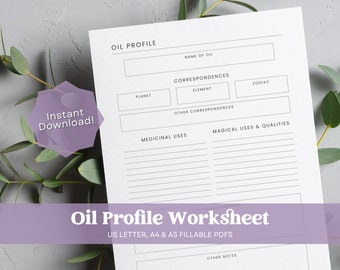 Printable Oil Profile, Essential Oil Worksheet, Printable Grimoire Pages PDF, Printable Witchcraft Pages, Digital Witchcraft Worksheets