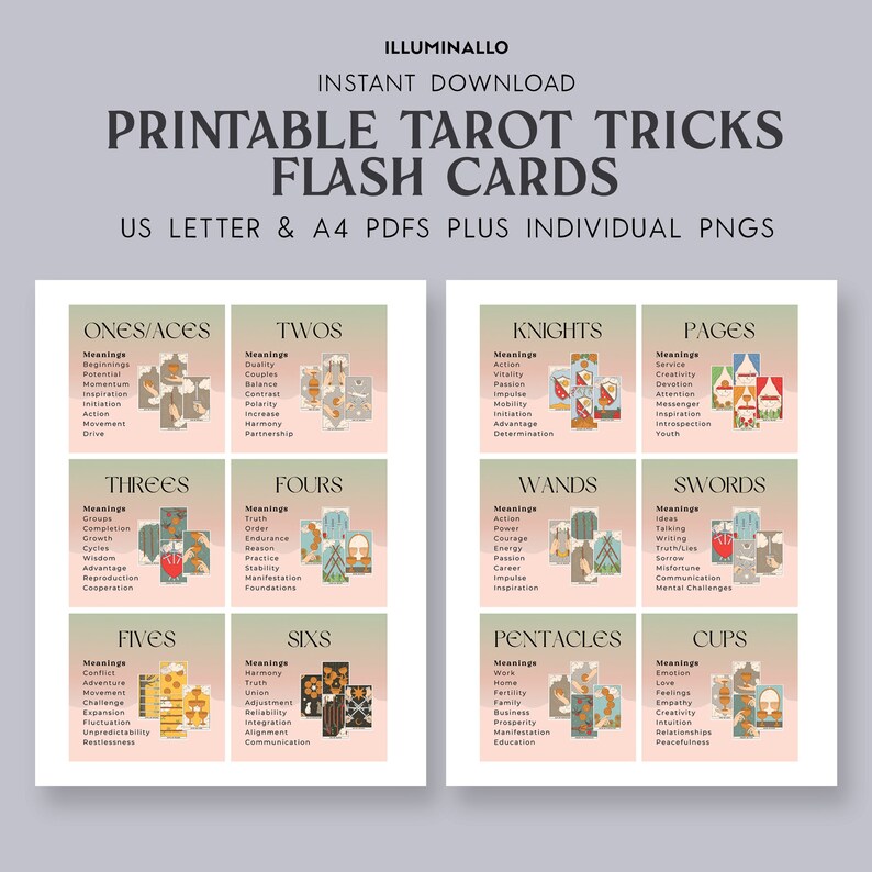 Tarot Flashcards Tarot Cheat Sheet Printable Learning Tarot Etsy