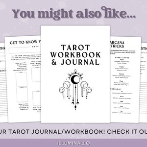 May include: A black and white illustration of a tarot workbook and journal with the text "Tarot Workbook & Journal" and "Arcana Tricks". The illustration features a moon and stars with a geometric design.