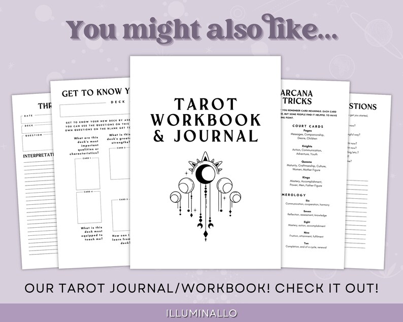 May include: A black and white illustration of a tarot workbook and journal with the text "Tarot Workbook & Journal" and "Arcana Tricks". The illustration features a moon and stars with a geometric design.