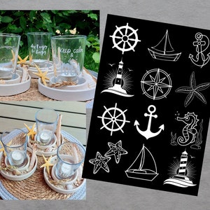 Maritime Bilder weiß Kerzenfolie für Glas und Kerzen  Kerzentattoo, Tattoofolie, Kerzensticker, Wasserschiebefolie, Folie für Kerzen