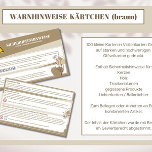 Sicherheitshinweise Karten Kerzen, Trockenblumen, Gießmasse, Lichterketten, Ballonlichter, Holz