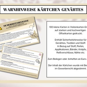Sicherheitshinweise Karten für Genähte Sachen, Bügelbilder, Stoff, Taschen etc.