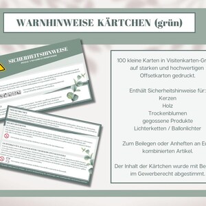 Sicherheitshinweise Karten Kerzen, Trockenblumen, Gießmasse, Lichterketten, Ballonlichter, Holz