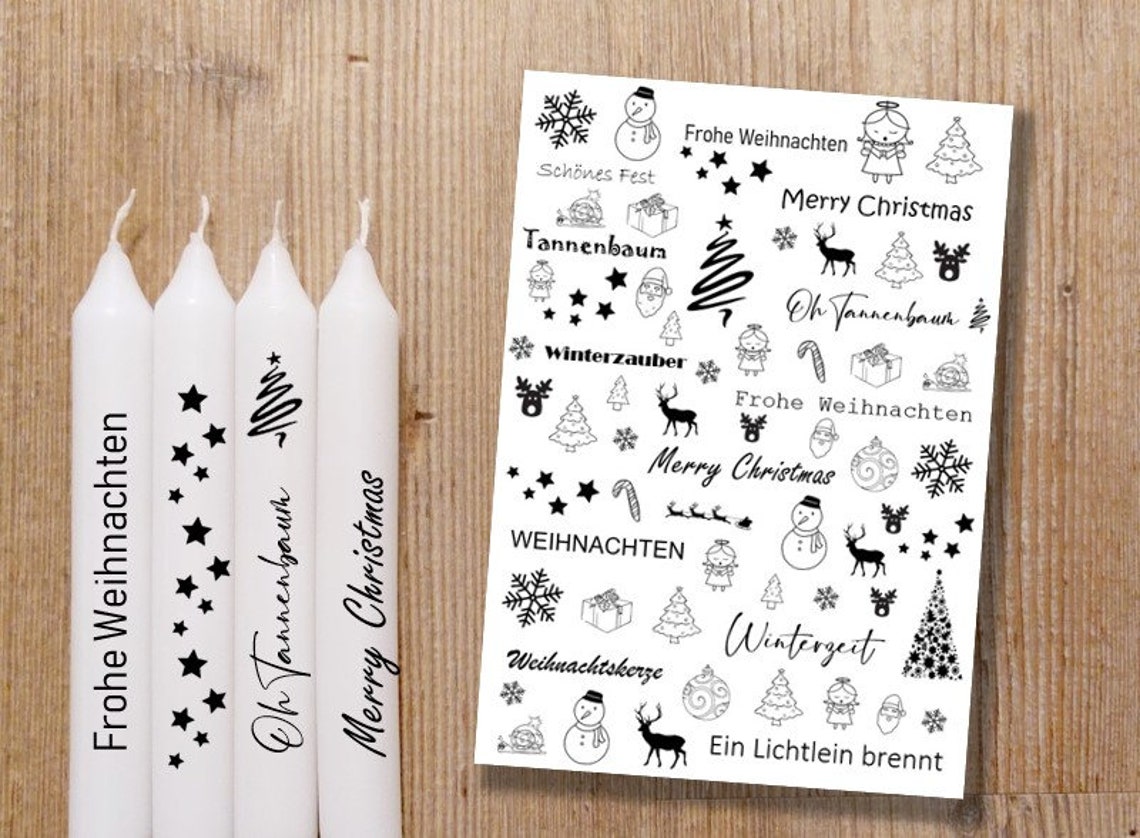 6 Bögen Kerzen-Tattoofolie Weihnachten - 80 Sprüche & 60 Motive, DIY Dekoration Für Kerzen
