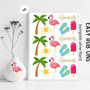 Easy Rub Ons Sommer Flamingo komplett randlos Sticker, Rubbelsticker für Raysin Keraflott, Holz, Glas etc.