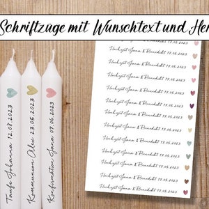 Gastgeschenke 28 Schriftzüge bunte Herzen, Hochzeit, Kommunion Konfirmation, Taufe, Kerzentattoos, Kerzenfolien, Wasserschiebefolie 14 x Wunschtext