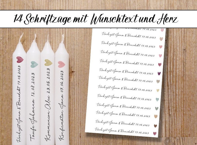 Gastgeschenke 28 Schriftzüge bunte Herzen, Hochzeit, Kommunion Konfirmation, Taufe, Kerzentattoos, Kerzenfolien, Wasserschiebefolie 14 x Wunschtext