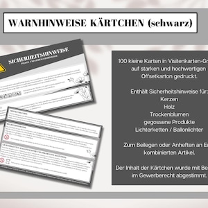 Sicherheitshinweise Karten Kerzen, Trockenblumen, Gießmasse, Lichterketten, Ballonlichter, Holz