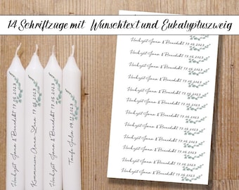 Gastgeschenke 14 Schriftzüge Eukalyptus, Wunschtext,Hochzeit, Kommunion, Konfirmation, Taufe, Kerzentattoos, Kerzenfolien