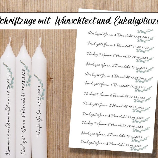 Gastgeschenke 14 Schriftzüge Eukalyptus, Wunschtext,Hochzeit, Kommunion, Konfirmation, Taufe, Kerzentattoos, Kerzenfolien