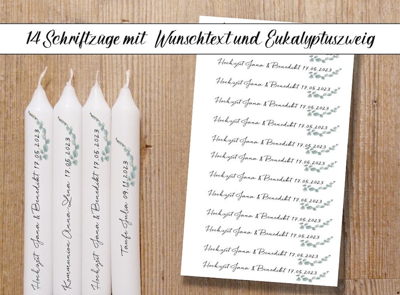 Gastgeschenke 14 Schriftzüge Eukalyptus, Wunschtext,Hochzeit, Kommunion, Konfirmation, Taufe, Kerzentattoos, Kerzenfolien Wunschtext Eukal.