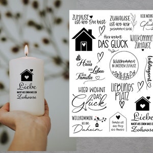 Zuhause Daheim Kerzentattoo, Kerzenfolie, Gastgeschenke, Tattoofolie, Kerzensticker, Wasserschiebefolie, Sticker