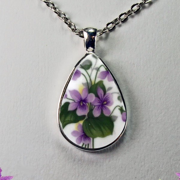 Personalized Handmade Broken China Jewlery Vintage Victorian Purple Violet Teardrop Pendant Necklace Birthday Mother's Day Christmas Gift