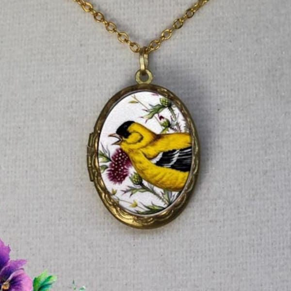 Personalized Broken China Jewlery Vintage Goldfinch Bird Thistle Locket Pendant Necklace Earring Birthday Mother's Day Christmas Anniversary