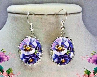 Sterling Silver Broken China Jewlery Vintage Victorian Pansy Pansies Earrings Pendant Birthday Mother's Day Christmas Anniversary Wedding