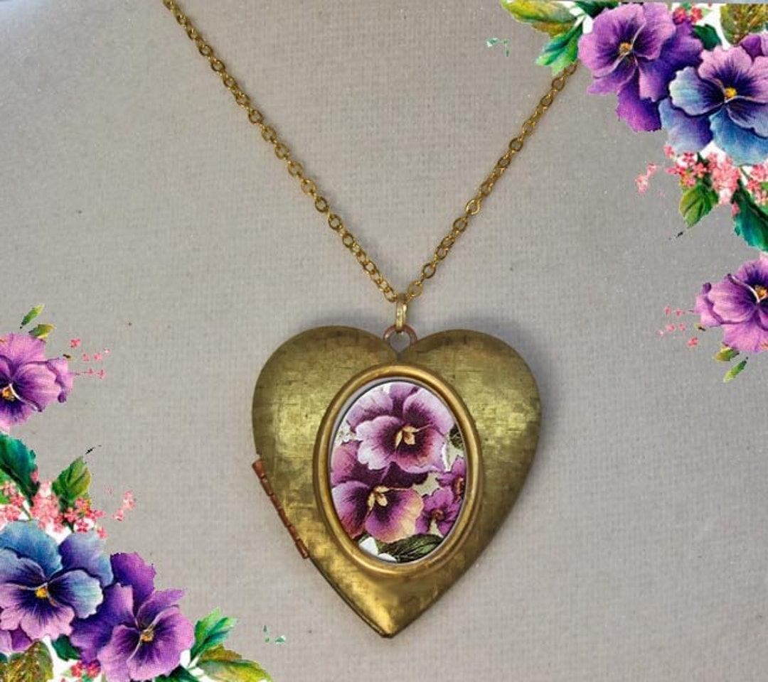 Personalize Broken China Jewlery Vintage Pansy Pansies Heart Locket