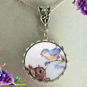 Sterling Silver Broken China Jewlery Vintage Victorian Bird Rabbit Pendant Necklace Earring Ring Birthday Mother's Day Christmas Anniversary
