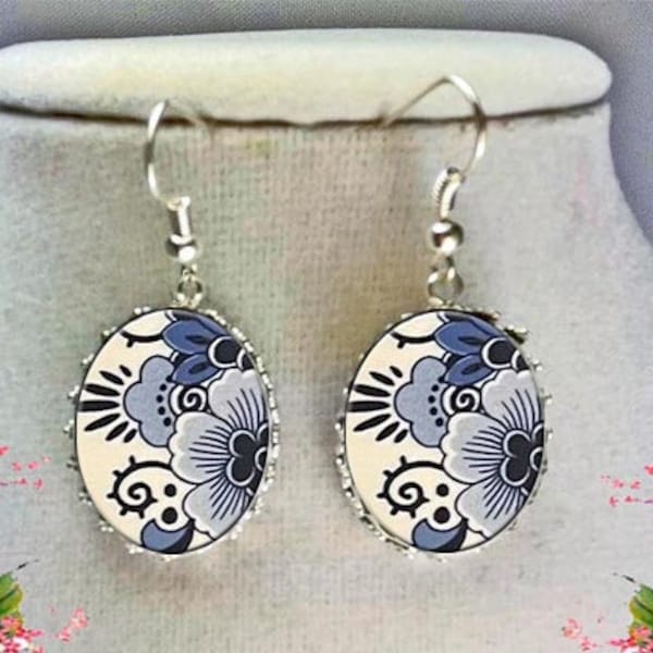 Handmade Broken China Sterling Silver Jewlery Vintage Blue Flower Earrings Necklace Locket Ring Birthday Mother's Day Christmas Anniversary