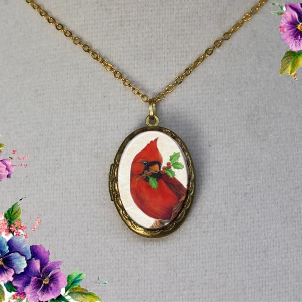 Handmade Broken China Jewlery Vintage Victorian Red Cardinal Bird Locket Pendant Earrings Birthday Mother's Day Christmas Anniversary Gift