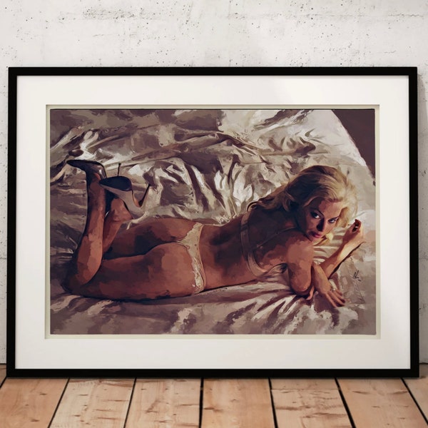 Margot Robbie Limited Edition Wall Art Print, “Lingerie” Original Artwork, Hand Drawn, Barbie Wolf of Wall Street