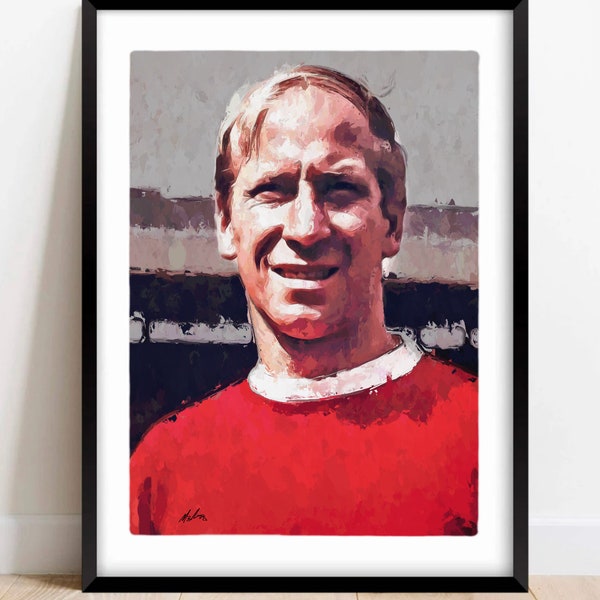 Sir Bobby Charlton Man Utd Framed Wall Art Print. Original Hand Drawn Artwork.