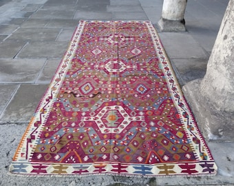 Oversized Red Wool Kilim Rug: 11.2x4.9 ft Vintage Turkish Decor