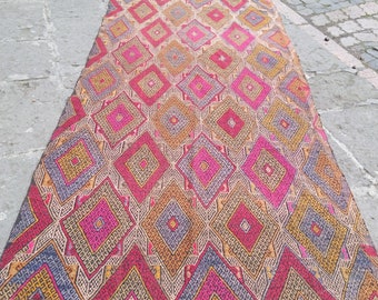 Vintage Pastel Kilim Rug 9.5x4.3 ft: Handmade Wool Anatolian Decor