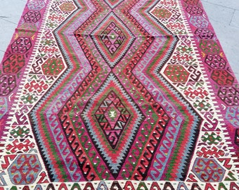 Handmade Saloon Kilim Rug: 9.7x5.1 ft Turkish Wool Area Rug