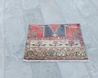 Small Anatolian Wool Rug: Red, Blue, Blue Boho Rug ( 1.8x2.5 ft). Bedroom rugs.