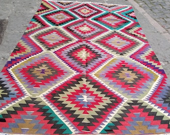Vintage Saloon Kilim Rug: 8.8x5.4 ft Handmade Turkish Wool Area Rug