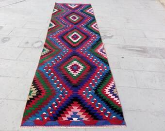 Handmade Wool Kilim Runner Rug: Blue Red Anatolian Kitchen Rug (10.8x3 ft)