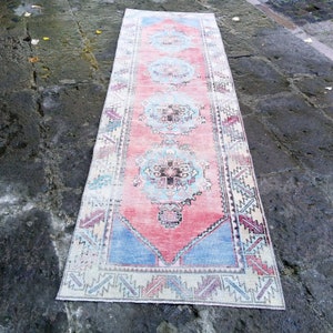 Vintage runner rug, 9.3x2.6 ft Runner rug blue, Muted color runner rug, kitchen rug Runner blue, hallway runner rug, Turkish Pastel runner