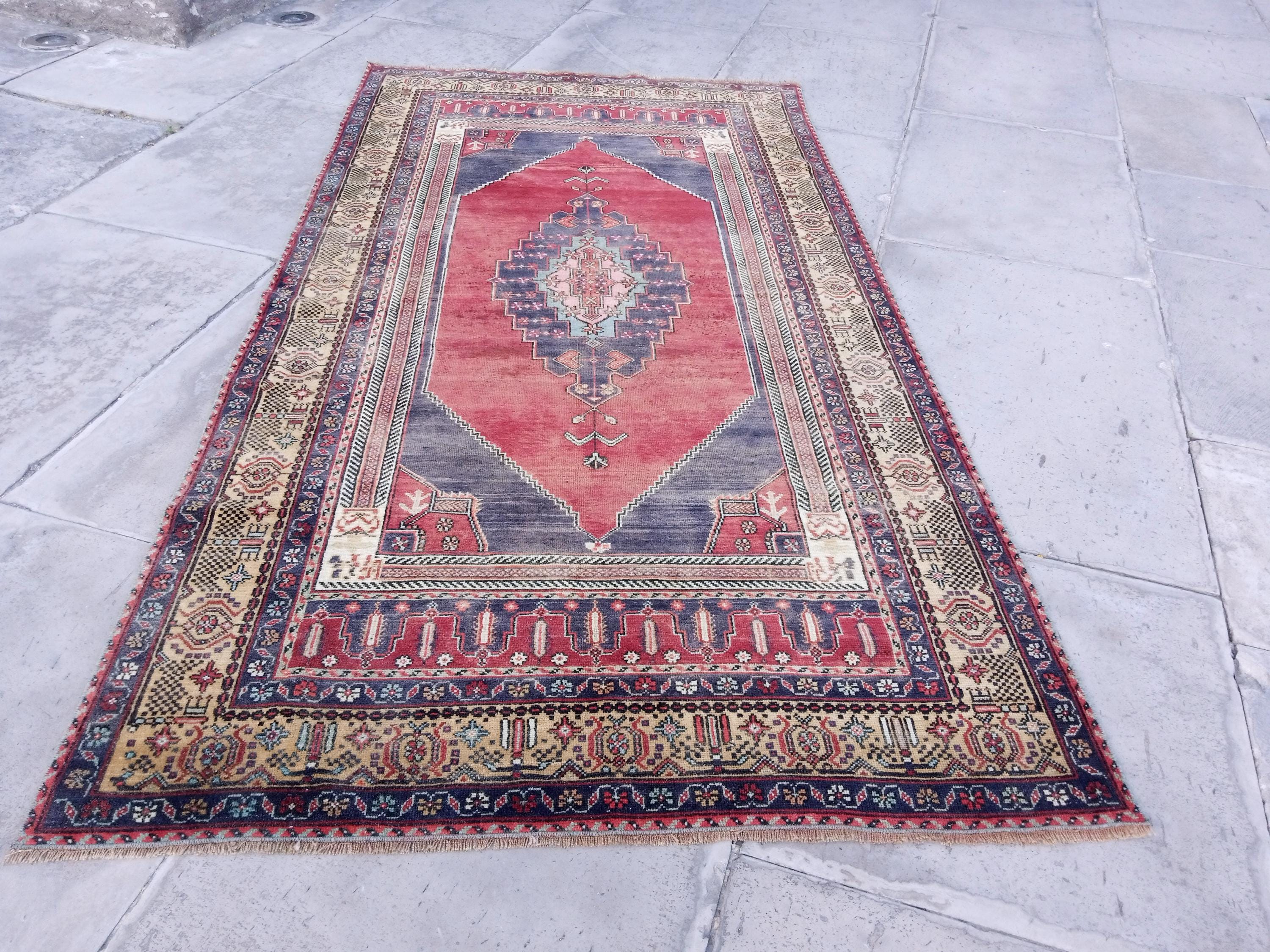 ヴィンテージブルートルコラグ：8.4x4.2フィートウールボヘミアン