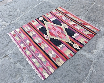 Pink Kilim Rug: 3.3x2.6 ft, Vintage Wool Turkish Rug