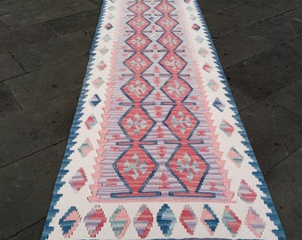 Handmade Kilim Runner Rug: Vintage Pink Stair Rug (8.4x2.4 ft)